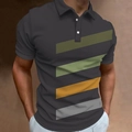 Men's charcoal grey polo shirt with diagonal green and orange color block stripes - S / Tops / Dark Gray Colorful Patchwork