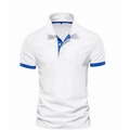 Close-up of white polo shirt with blue contrast trim on collar and sleeves - White+Royal Blue