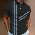 Men's short sleeve black polo shirt with grey and blue stripes and two-button collar - S / Tops / Black with Gray Blue Patchwork Stripes