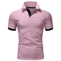Detail of pink cotton piqué polo shirt featuring black contrast collar and button placket - Pink