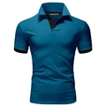 Detailed view of short-sleeve blue polo shirt with black collar trim and slim fit design - Denim Blue