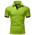 Detail view of lime green polo shirt with contrast black trim on the collar and cuffs - Green