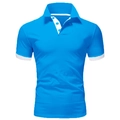 Detailed close-up of blue polo shirt showing white collar trim and button placket - Medium Blue