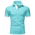 Detail of teal men's slim fit polo shirt with white contrast collar and textured fabric - Lake Blue
