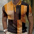 Men's polo shirt with yellow and black 3D geometric patterns and short sleeves - S / Tops / Golden Yellow/Black/Dark Brown Geometric Patchwork