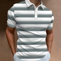 Men's short sleeve polo shirt with gray and white horizontal stripes and buttoned lapel - S / Tops / Gray/White Horizontal Striped