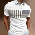 Men's white polo shirt featuring geometric patchwork patterns and vertical stripes - S / Tops / White/Geometric Patchwork Pattern (DXPL46(1))