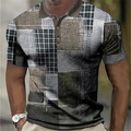 Men's slim fit short sleeve Polo shirt with brown patchwork plaid digital printing - S / Tops / Patchwork Plaid Print (DXPL0109)