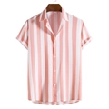 Detail of pink and white vertical striped men's short sleeve shirt with white buttons - 3XL / Pink Stripe