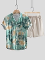 Ensemble d'été pour homme avec chemise à imprimé marbre et short beige chic - S / Ensemble Floral Vert Jaune