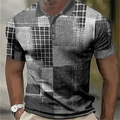 Men's short sleeve polo shirt featuring grey plaid 3D digital print and classic collar - S / Tops / Black/White/Gray Patchwork Plaid (DXPL1101)