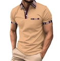 Herren Poloshirt in Khaki mit mehrfarbigen Streifenbündchen und weißen Knöpfen - S / Khaki