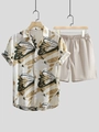 Ensemble d'été pour hommes avec chemise imprimé papillon et short décontracté beige - S / Ensemble Papillon Beige