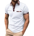 Men's white short sleeve polo shirt with elegant colorful striped knit collar and cuffs - S / Tops / White