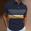 Men's slim fit short sleeve polo shirt with navy, grey and orange striped patchwork design - S / Tops / Navy/Gray/White/Orange Patchwork (DXPL40)