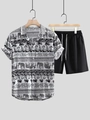 Ensemble d'été pour hommes avec chemise imprimée éléphant blanc et short noir décontracté - S / Ensemble Éléphant Noir Blanc