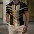Men's black Polo shirt featuring brown and khaki geometric stripe patterns and buttoned collar - S / Tops / Black/Brown/Khaki/Gray Patchwork (DXPL1121)