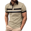 Men's short sleeve polo shirt in beige with black striped chest and contrast collar - S / Tops / Light Coffee