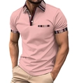 Pink slim-fit men's polo shirt with striped collar and sleeve trim detailing - S / Tops / Pink