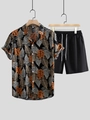 Ensemble vacances homme avec chemise à imprimé tropical et short décontracté à cordon - S / Ensemble Feuilles Noir