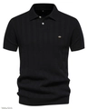 Men's black short sleeve knit polo shirt with vertical stripes and golden emblem - S / Tops / Vertical Stripe Knit Black