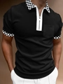 Schmal geschnittenes schwarzes Herren-Poloshirt mit Reißverschluss und Karomuster-Details - S / Schwarz Schachbrett Patchwork (PLS-46)
