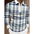Polo homme ajusté à manches longues avec motif à carreaux bleu et kaki et fermeture - S / Carreaux Bleu et Jaune