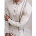 Polo manches longues beige pour hommes avec fermeture éclair et rayures marron - S / Rayé Beige Café
