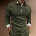 Polo à manches longues pour hommes vert olive avec imprimé 3D et col zippé contrasté - S / Style Rayé Contrasté Vert Olive (CXLLPS-67)