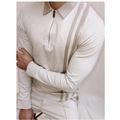 Men's cream long sleeve polo shirt with vertical stripes and zipper detail - S / Apricot Set with Top and Pants (PLLC-16)