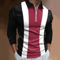 Men's slim long sleeve polo shirt with 3D color block print and zipper collar - S / Black White Dark Red Vertical Stripe Style (CXLLPS-88)