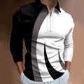 Men's long sleeve polo shirt with black and white 3D geometric patchwork and zipper - S / Black White Gray Geometric Patchwork Style (CXLLPS-89)