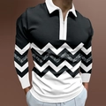 Polo manches longues pour hommes avec motif vagues noir et blanc et col zippé moderne - S / Impression Zigzag à Vagues Noir et Blanc (CXLLPS-104)