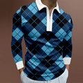 Detail of blue geometric diamond pattern and zipper collar on men's long sleeve Polo shirt - S / Tops / Blue Diagonal Argyle Pattern (CXLLPS-106)