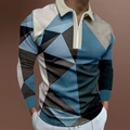 Detailed view of men's polo shirt featuring geometric 3D print and zipper collar - S / Tops / Blue Black Brown Geometric Triangle Print (CXLLPS-107)