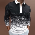 Detail of men's polo shirt featuring black and white gradient print and quarter zipper - S / Tops / Black and White Gradient Ink Splatter Texture (CXLLPS-108)