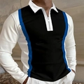 Polo homme slim à manches longues avec design color block noir blanc bleu et fermeture éclair - S / Hauts / Patchwork tricolore noir blanc bleu (PLLC-17)