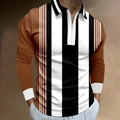 Detailed close-up of brown and white striped long sleeve polo with zip collar - S / Tops / Dark Brown Black White Contrast Striped Style (CXLLPS-98)