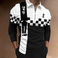 Détail du polo à col zippé avec graphismes 2 Tone Records et motifs à damiers noirs - S / Hauts / Style de Silhouette en Damier Noir et Blanc (CXLLPS-80)