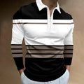 Détail du polo pour hommes avec motif rayé 3D, col à revers blanc et encolure zippée - S / Hauts / Style à Rayures Horizontales Noir Blanc Brun (CXLLPS-81)