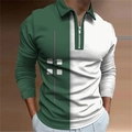 Detail of men's long sleeve polo shirt with green and white geometry and zipper collar - S / Tops / Green and White Vertical Patchwork Geometric Print (CXLLPS-101(1))