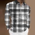 Detail of men's polo with black zipper placket and grey checkered pattern - S / Tops / Black White Gray Plaid Style (CXLLPS-113)