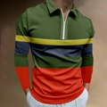 Détail du polo vert armée avec des rayures horizontales colorées et un col zippé 1/4 - S / Hauts / Style Rayé Épissé Multicolore Vert Armée (CXLLPS-82)