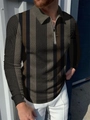 Polo homme manches longues à rayures verticales marron 3D et col zippé ajusté - S / Hauts / Rayures verticales marron et noir (PLLC-19)