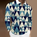 Detail of men's polo shirt featuring blue geometric 3D print and metal zipper closure - S / Tops / Blue and Cream Geometric Triangle Print (CXLLPS-114)