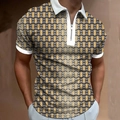 Men's polo shirt with yellow geometric prints, white lapel collar and zip opening - S / Yellow and Dark Gray Geometric Interlocking Pattern (PSLL162)