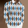 Detail of blue and brown argyle print on men's long sleeve polo shirt with zipper - S / Tops / Blue Brown White Argyle Pattern (CXLLPS-115)