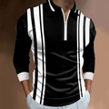 Détail du col zippé et des rayures blanches verticales sur le polo noir pour hommes - S / Hauts / Style de Décoration à Rayures Verticales Noir (CXLLPS-84)