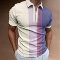 Men's zipper polo shirt with 3D vertical stripe digital print and casual short sleeves - S / Vertical Stripe Patchwork (PSLL164)