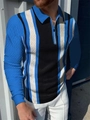 Polo à manches longues pour hommes avec imprimé 3D et blocs de couleurs bleu noir - S / Hauts / Patchwork vertical bleu noir blanc (PLLC-20)